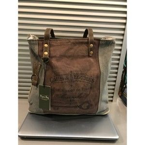 BOHO Vintage Chic MYRA "Key" Upcycled Green & Brown Canvas Leather Straps Tote